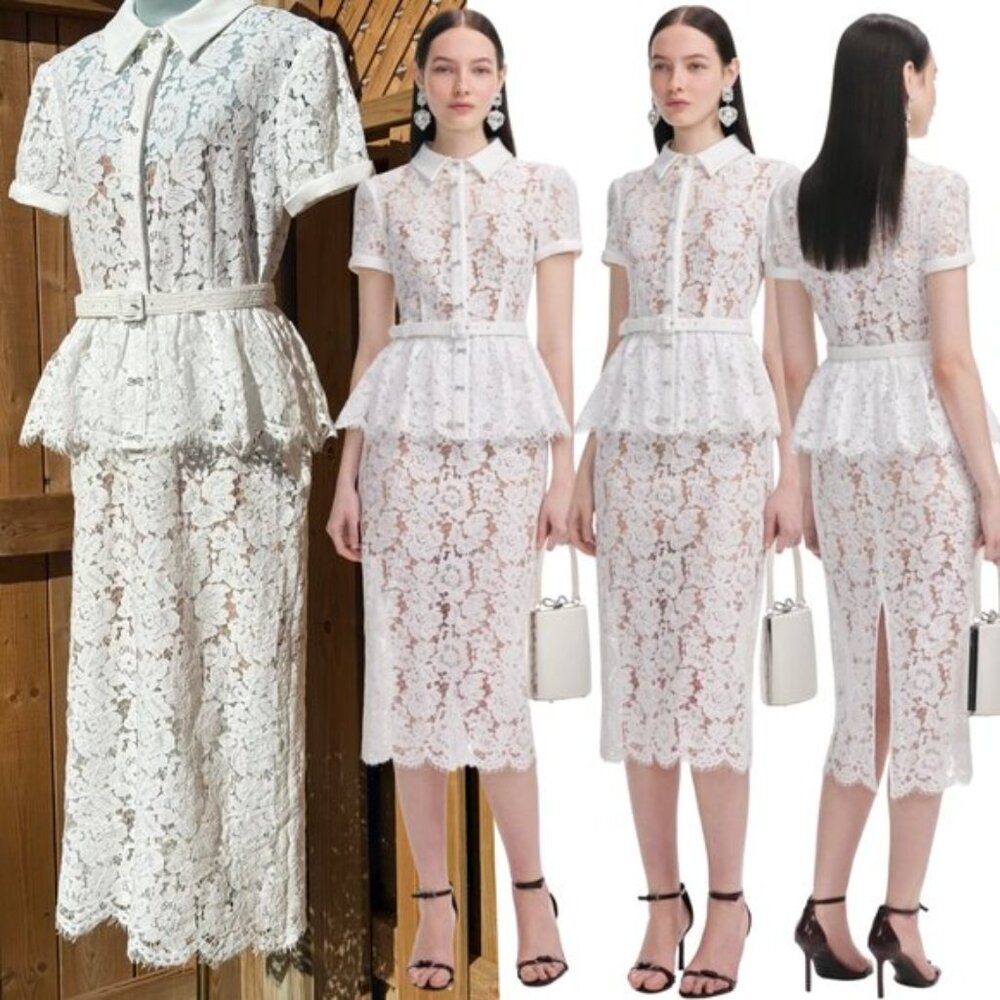 🆕 SELF-PORTRAIT 🧿 NWOT White Lace Peplum Belted Midi Dress, Sz UK 12 US 8